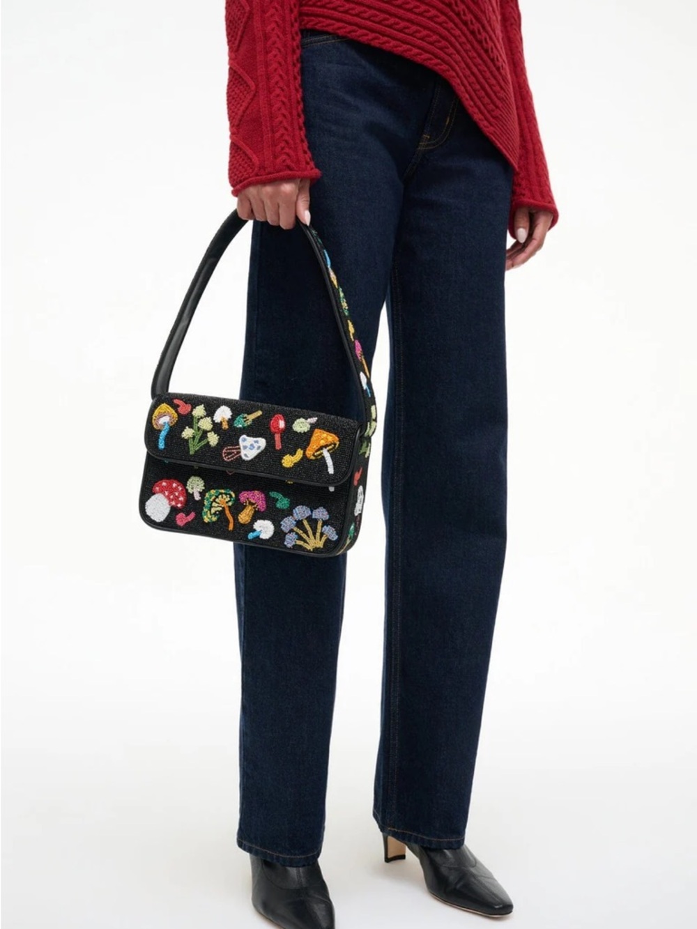STAUD Tommy Bag Schroomscape Black Beaded Mushroom Embellished Shoulder Bag - Picture 5 of 14